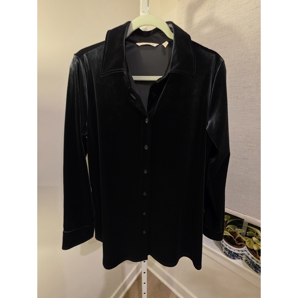 Soft Surroundings Dark Green M Velvet Long Sleeve Button Up Blouse